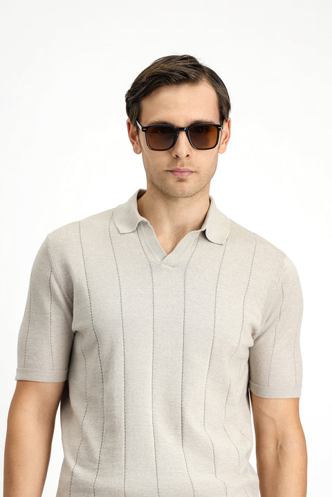 Mid Beige Regular Fit Cotton Patterned Polo Neck Knitted T-Shirt