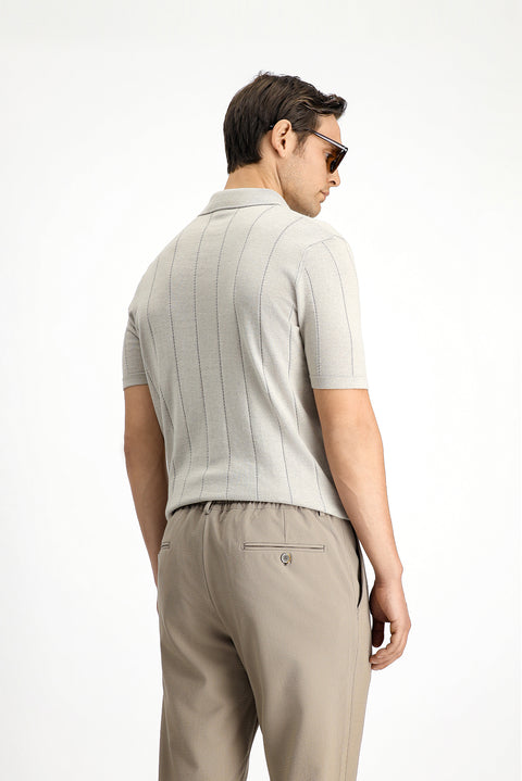 Mid Beige Regular Fit Cotton Patterned Polo Neck Knitted T-Shirt