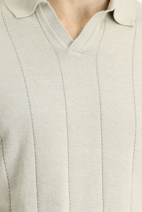 Mid Beige Regular Fit Cotton Patterned Polo Neck Knitted T-Shirt