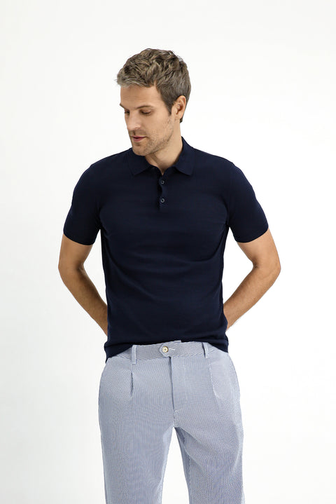 Mid Navy Regular Fit Cotton Knitted Polo Shirt