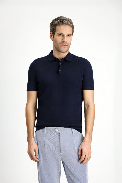 Mid Navy Regular Fit Cotton Knitted Polo Shirt
