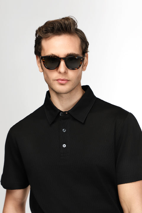 Black Slim Fit Narrow Cut Cotton Patterned Polo Shirt