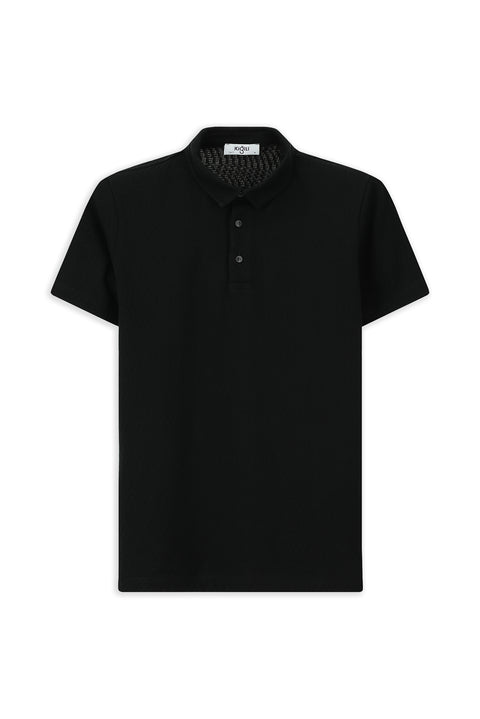 Black Slim Fit Narrow Cut Cotton Patterned Polo Shirt