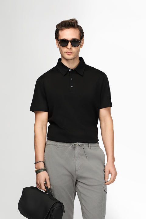 Black Slim Fit Narrow Cut Cotton Patterned Polo Shirt
