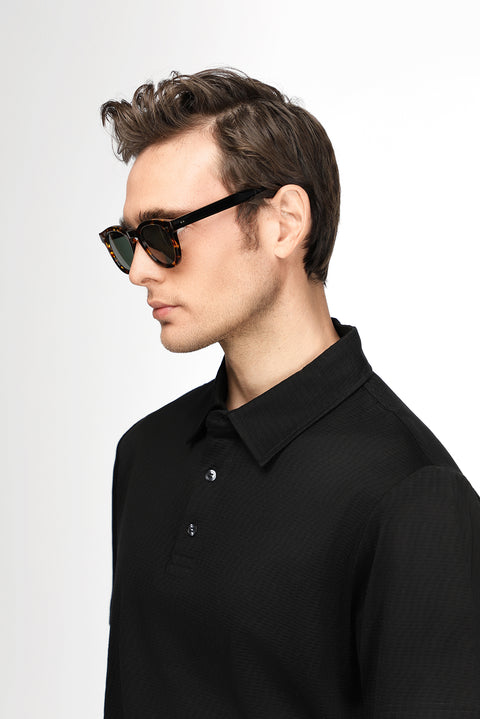 Black Slim Fit Narrow Cut Cotton Patterned Polo Shirt