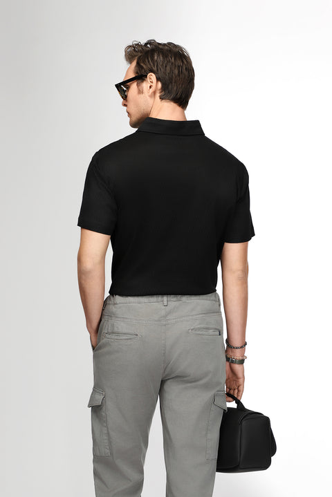 Black Slim Fit Narrow Cut Cotton Patterned Polo Shirt