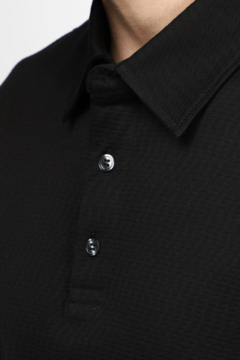 Black Slim Fit Narrow Cut Cotton Patterned Polo Shirt