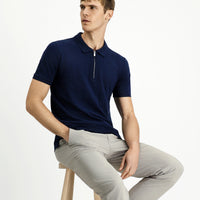 Medium Navy Slim Fit Cotton Patterned Zip-Up Polo Shirt