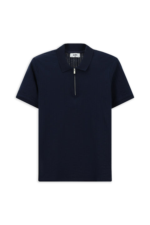 Medium Navy Slim Fit Cotton Patterned Zip-Up Polo Shirt