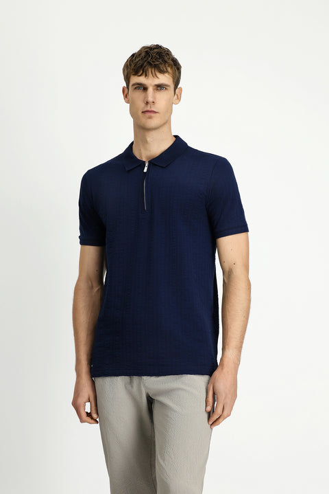 Medium Navy Slim Fit Cotton Patterned Zip-Up Polo Shirt