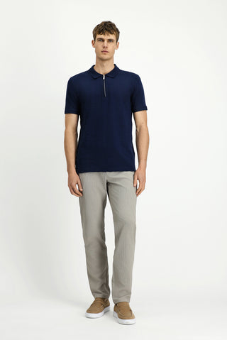  Orta Lacivert Slim Fit Dar Kesim Pamuk Desenli Fermuarlı Polo Yaka Tişört