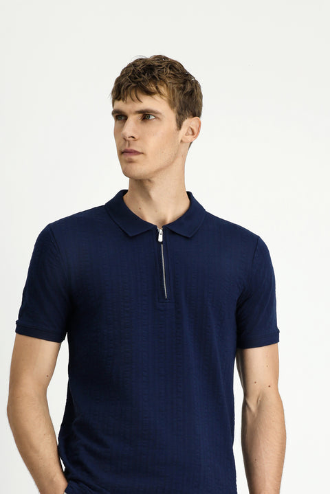 Medium Navy Slim Fit Cotton Patterned Zip-Up Polo Shirt