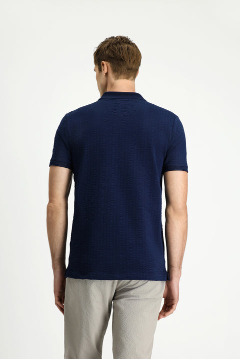 Medium Navy Slim Fit Cotton Patterned Zip-Up Polo Shirt
