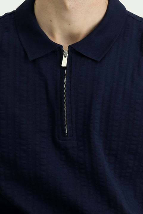 Medium Navy Slim Fit Cotton Patterned Zip-Up Polo Shirt