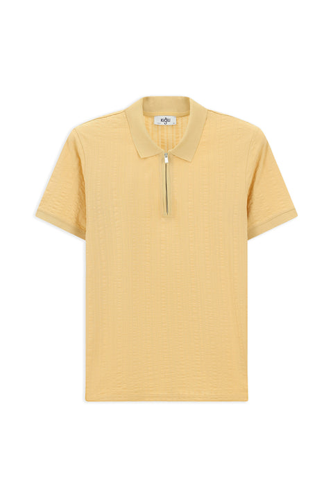 Medium Beige Slim Fit Narrow Cut Cotton Patterned Zip-Up Polo Shirt