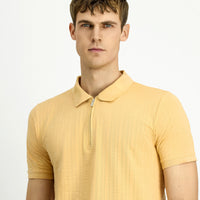 Medium Beige Slim Fit Narrow Cut Cotton Patterned Zip-Up Polo Shirt