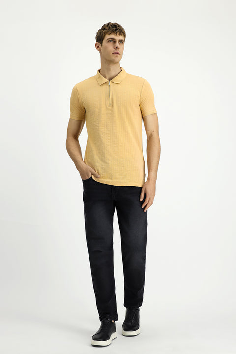 Medium Beige Slim Fit Narrow Cut Cotton Patterned Zip-Up Polo Shirt