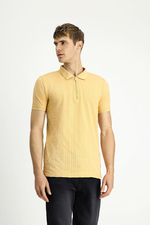 Medium Beige Slim Fit Narrow Cut Cotton Patterned Zip-Up Polo Shirt