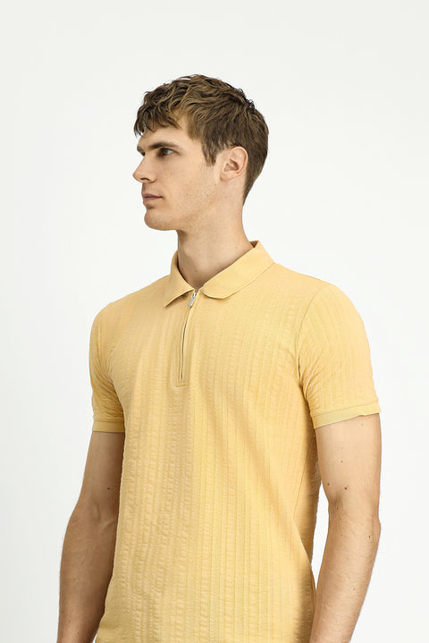 Medium Beige Slim Fit Narrow Cut Cotton Patterned Zip-Up Polo Shirt