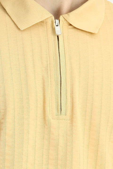 Medium Beige Slim Fit Narrow Cut Cotton Patterned Zip-Up Polo Shirt