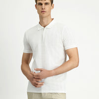 Off-White Slim Fit Cotton Patterned Zip-Up Polo Shirt