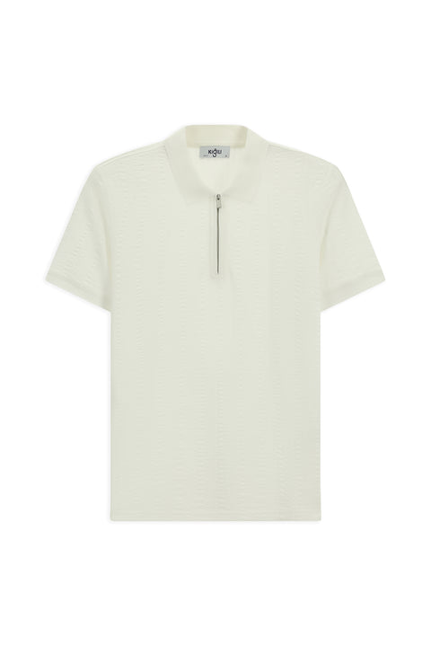 Off-White Slim Fit Cotton Patterned Zip-Up Polo Shirt