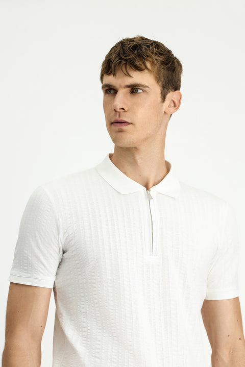Off-White Slim Fit Cotton Patterned Zip-Up Polo Shirt