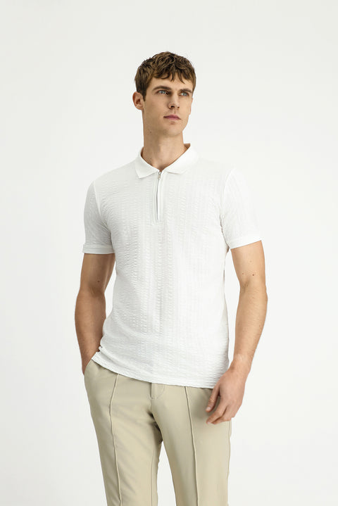 Off-White Slim Fit Cotton Patterned Zip-Up Polo Shirt