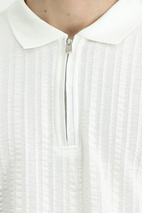 Off-White Slim Fit Cotton Patterned Zip-Up Polo Shirt