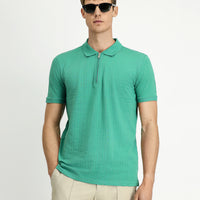 Dark Green Slim Fit Narrow Cut Cotton Patterned Zip-Up Polo Shirt