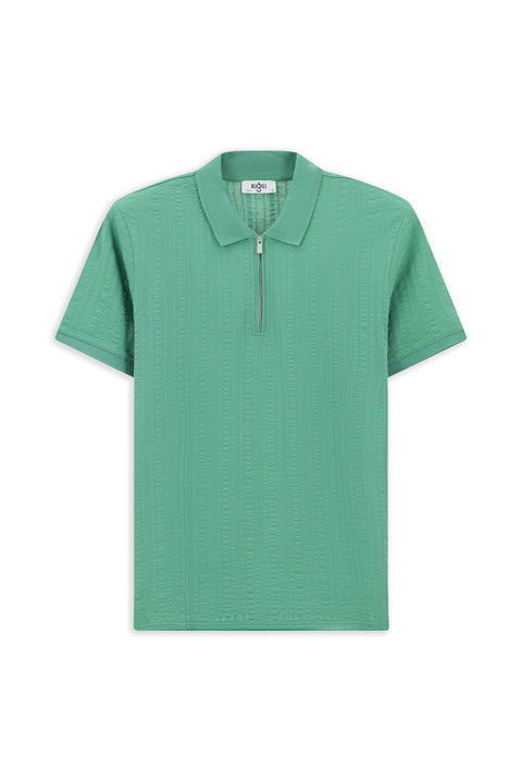 Dark Green Slim Fit Narrow Cut Cotton Patterned Zip-Up Polo Shirt