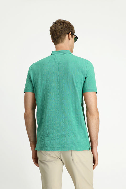 Dark Green Slim Fit Narrow Cut Cotton Patterned Zip-Up Polo Shirt