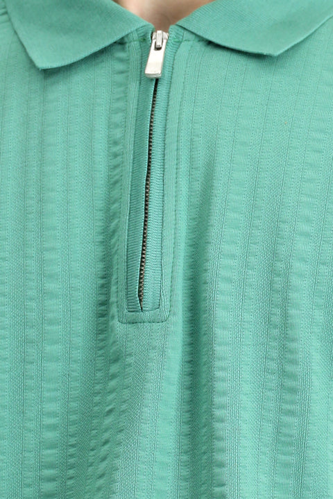 Dark Green Slim Fit Narrow Cut Cotton Patterned Zip-Up Polo Shirt