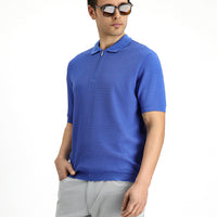 Blue Slim Fit Narrow Cut Cotton Patterned Zip-Up Polo Shirt