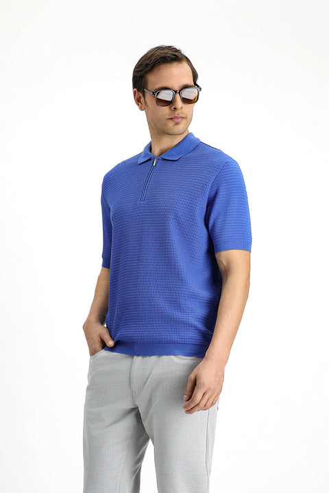Blue Slim Fit Narrow Cut Cotton Patterned Zip-Up Polo Shirt