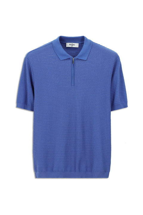 Blue Slim Fit Narrow Cut Cotton Patterned Zip-Up Polo Shirt
