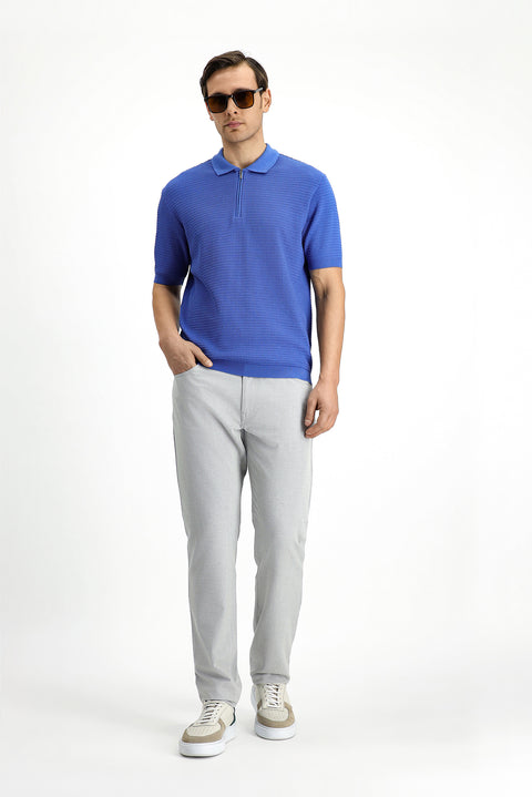 Blue Slim Fit Narrow Cut Cotton Patterned Zip-Up Polo Shirt