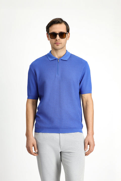 Blue Slim Fit Narrow Cut Cotton Patterned Zip-Up Polo Shirt