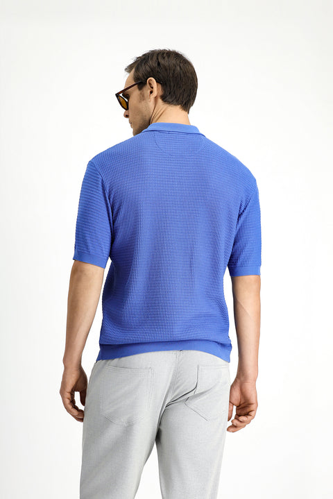 Blue Slim Fit Narrow Cut Cotton Patterned Zip-Up Polo Shirt