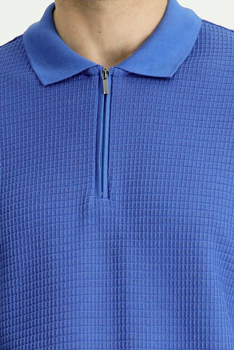 Blue Slim Fit Narrow Cut Cotton Patterned Zip-Up Polo Shirt