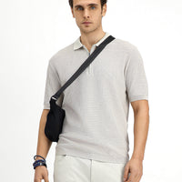 Light Beige Slim Fit Cotton Patterned Zip-Up Polo Shirt