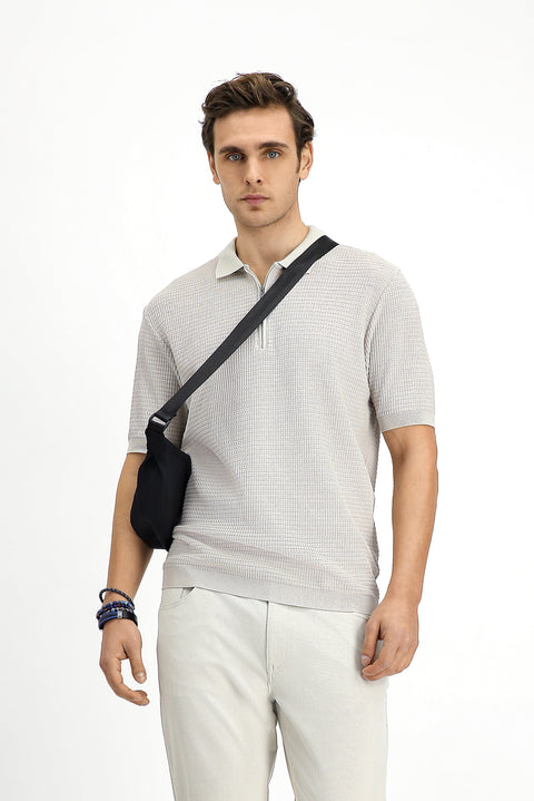 Light Beige Slim Fit Cotton Patterned Zip-Up Polo Shirt