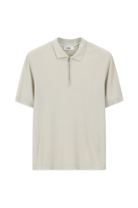 Light Beige Slim Fit Cotton Patterned Zip-Up Polo Shirt