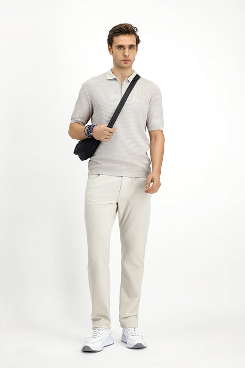 Light Beige Slim Fit Cotton Patterned Zip-Up Polo Shirt