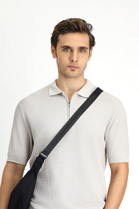 Light Beige Slim Fit Cotton Patterned Zip-Up Polo Shirt