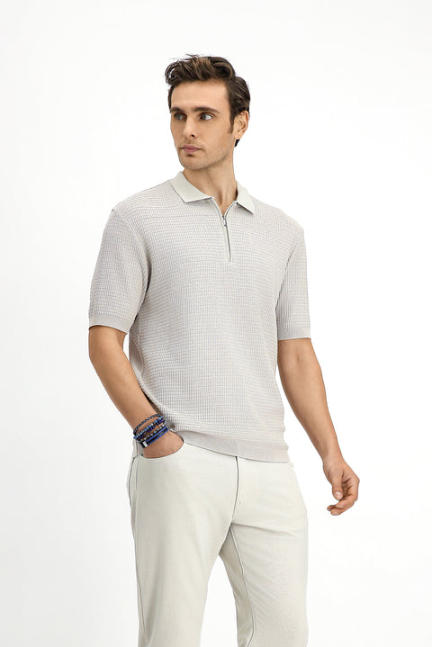 Light Beige Slim Fit Cotton Patterned Zip-Up Polo Shirt