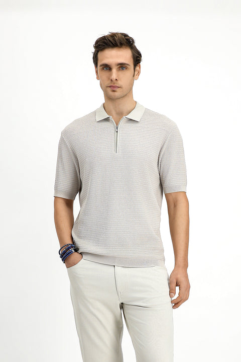 Light Beige Slim Fit Cotton Patterned Zip-Up Polo Shirt