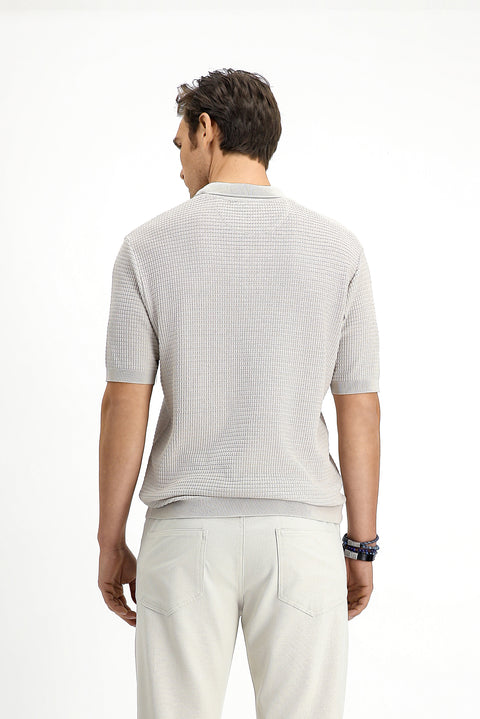 Light Beige Slim Fit Cotton Patterned Zip-Up Polo Shirt