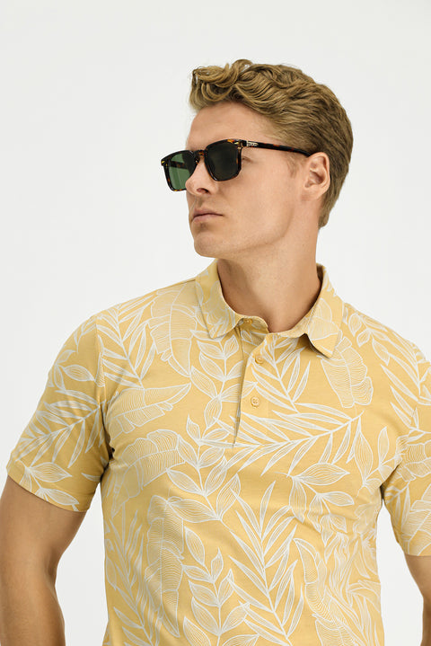 Orta Bej Slim Fit Dar Kesim Baskılı Pamuk Polo Yaka Tişört