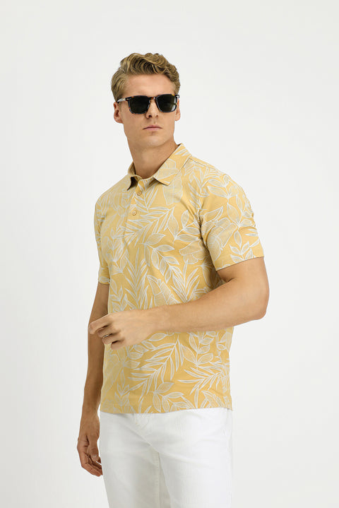 Orta Bej Slim Fit Dar Kesim Baskılı Pamuk Polo Yaka Tişört